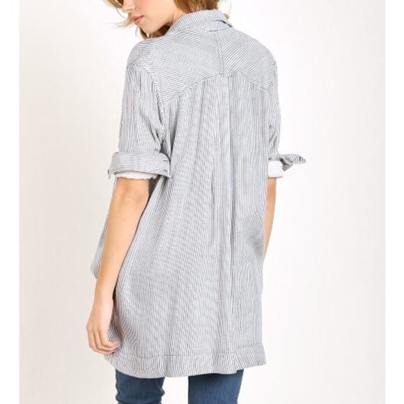 Free People On The Road Blue White Striped Popover Tunic Top Size Large - Picture 6 of 12